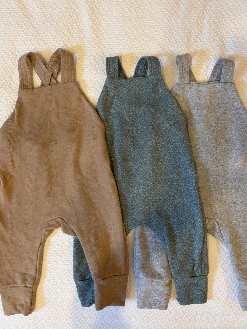 Little Wedgies Set of 3 Farmer Romper Overalls in Brown, Teal, and Gray